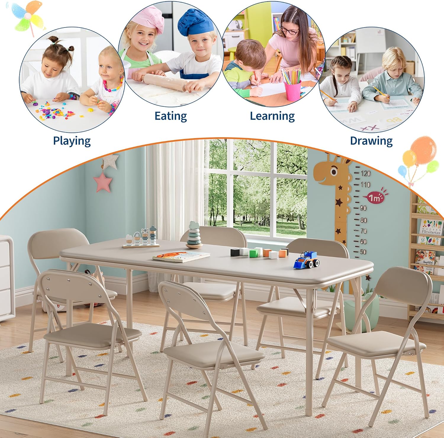 IDEALHOUSE 7 Piece Folding Kids Table and Chairs Set, Activity Table Set | 7 Piece Set for Dining Room,Daycare,Classrooms