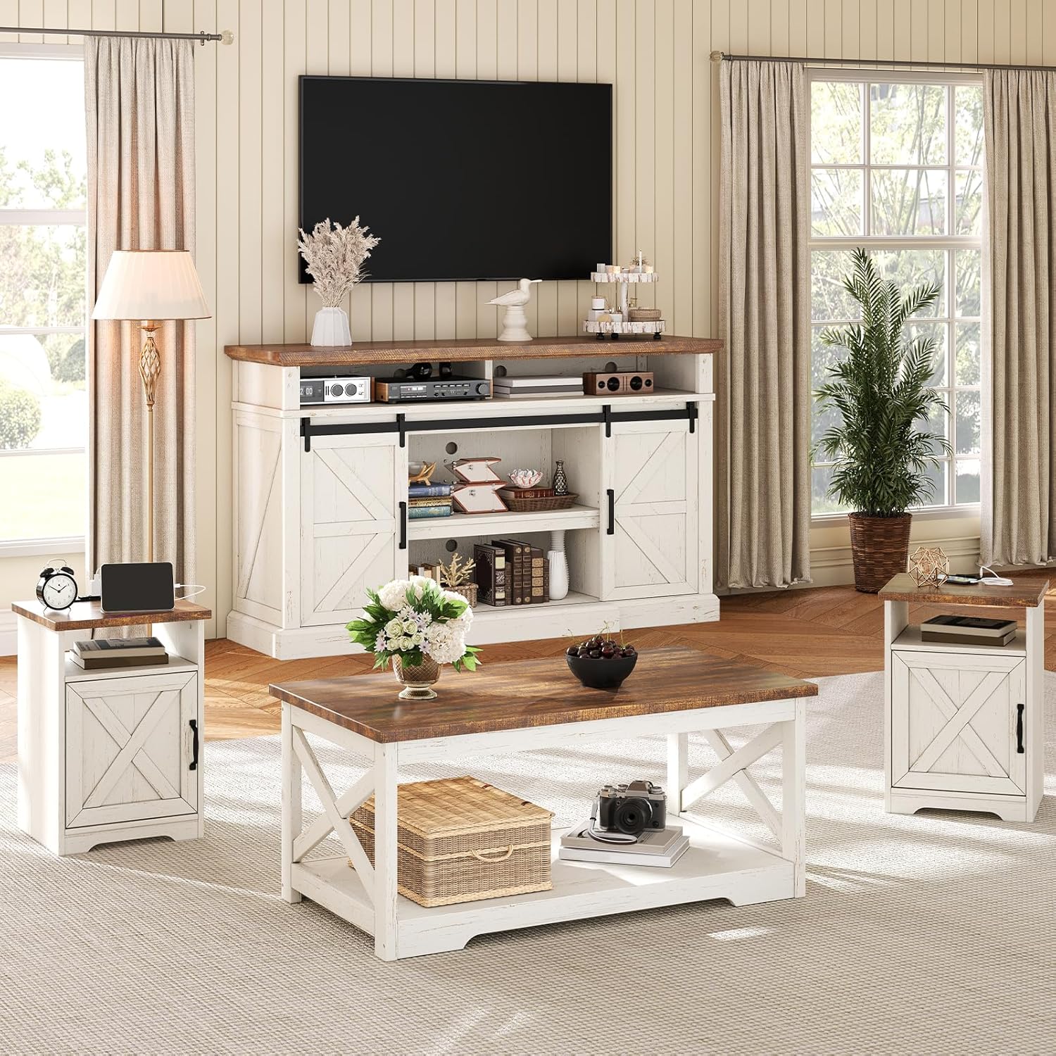 AMERLIFE 4-Piece Farmhouse Living Room Furniture Set with 66" TV Stand, Coffee Table & 2 End Tables, Barn Door Design, Large Storage Shelves, Built-in Charging Station & USB Ports, Distressed White