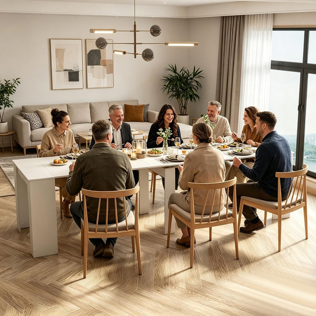 Expandable Dining Room Table, Extendable Table for 10-12 People, Folding Console Table, Space Saving Kitchen Table for Apartment, Pure White