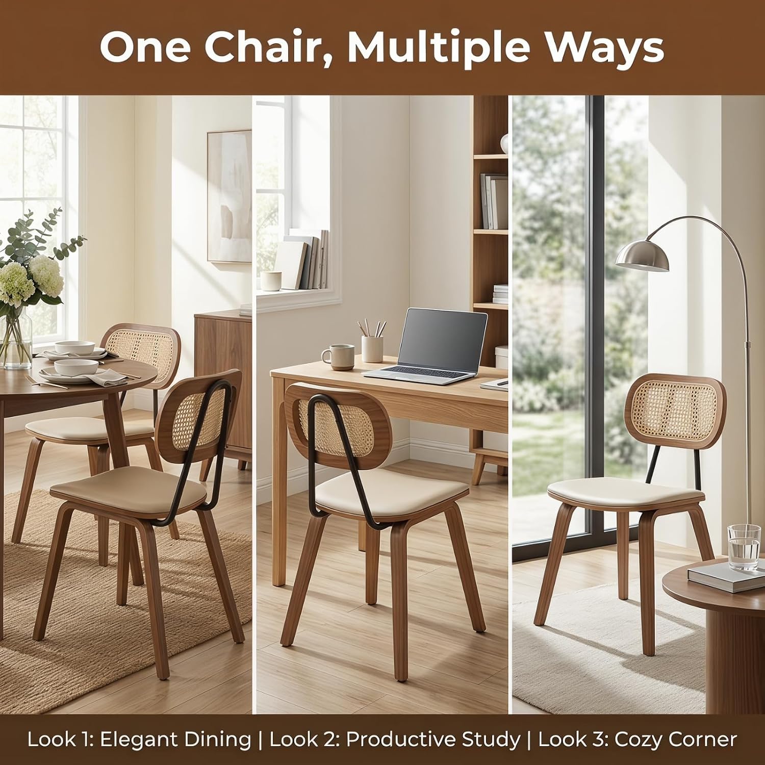 CIMOTA Mid Century Modern Dining Chairs Set of 4, Rattan Back Kitchen Chairs with Solid Wood Frame, Upholstered Faux Leather Seat, Armless Cane Dining Room Chair for Kitchen, Farmhouse, PU Beige
