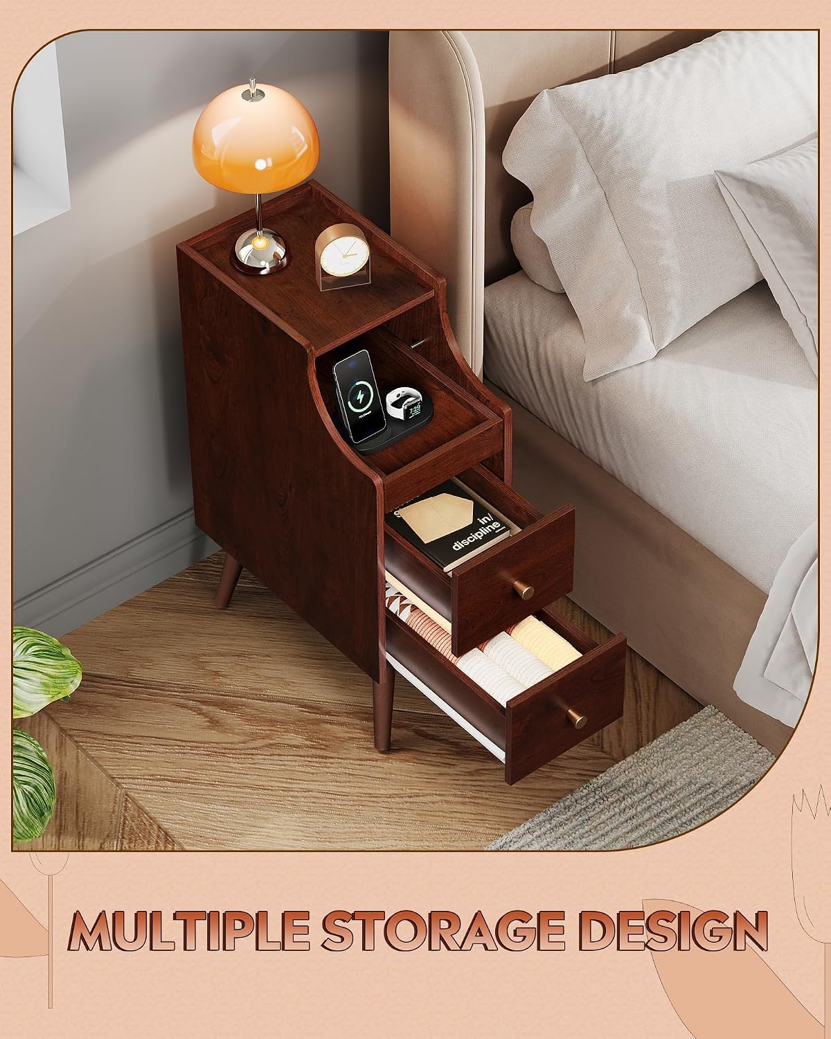 WLIVE Narrow Nightstand with Drawers, Narrow Bedside Tables with Open Shelf & Cable Hole, Small Nightstand for Bedroom, Modern Storage Side Table for Small Spaces/Living Room, Cherry