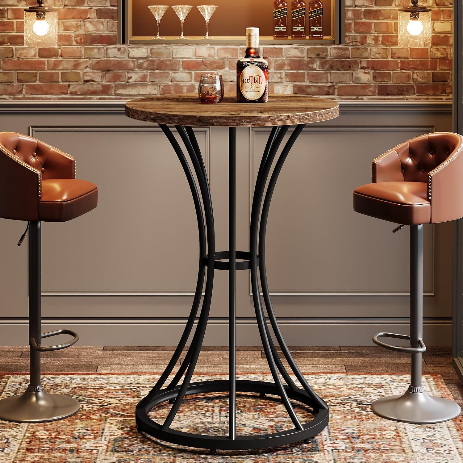 Tribesigns 37.4" H Bar Table, Round Bar Table with Curved Metal Base, Bar Height Table for Small Spaces, Living Room, Kitchen, or Apartments (Brown & Black) (1)