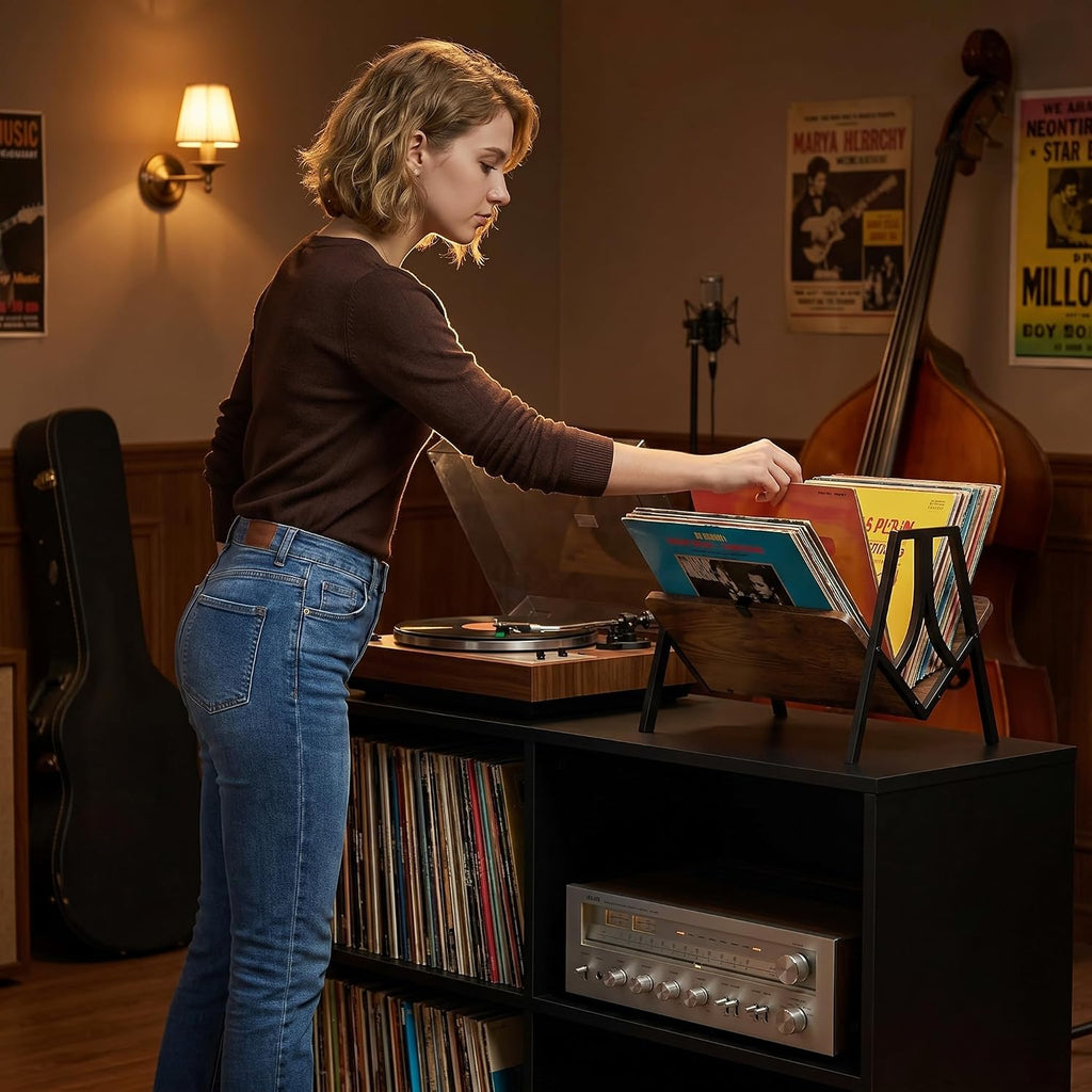 Vinyl Record Storage Rack for 50 LPs, Vinyl Record Album Holder Heavy-Duty Record Storage Shelf with Handles, Record Holder, Multi-Purpose Organizer