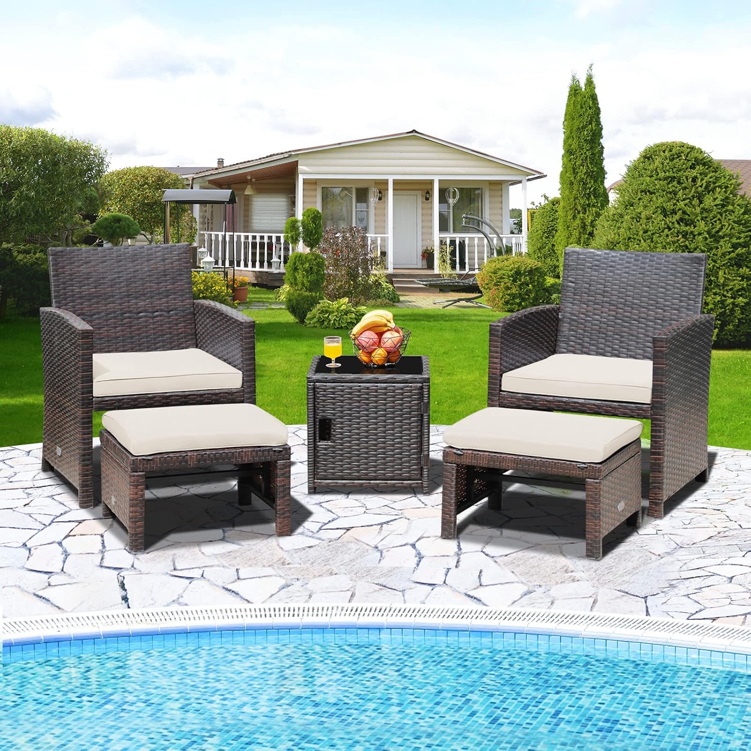 COSTWAY 5PCS Patio Rattan Furniture Set, Cushioned Sofa Chairs with Ottomans and Side Table, Outdoor Wicker Conversation Sets for Deck Backyard Garden Porch, White