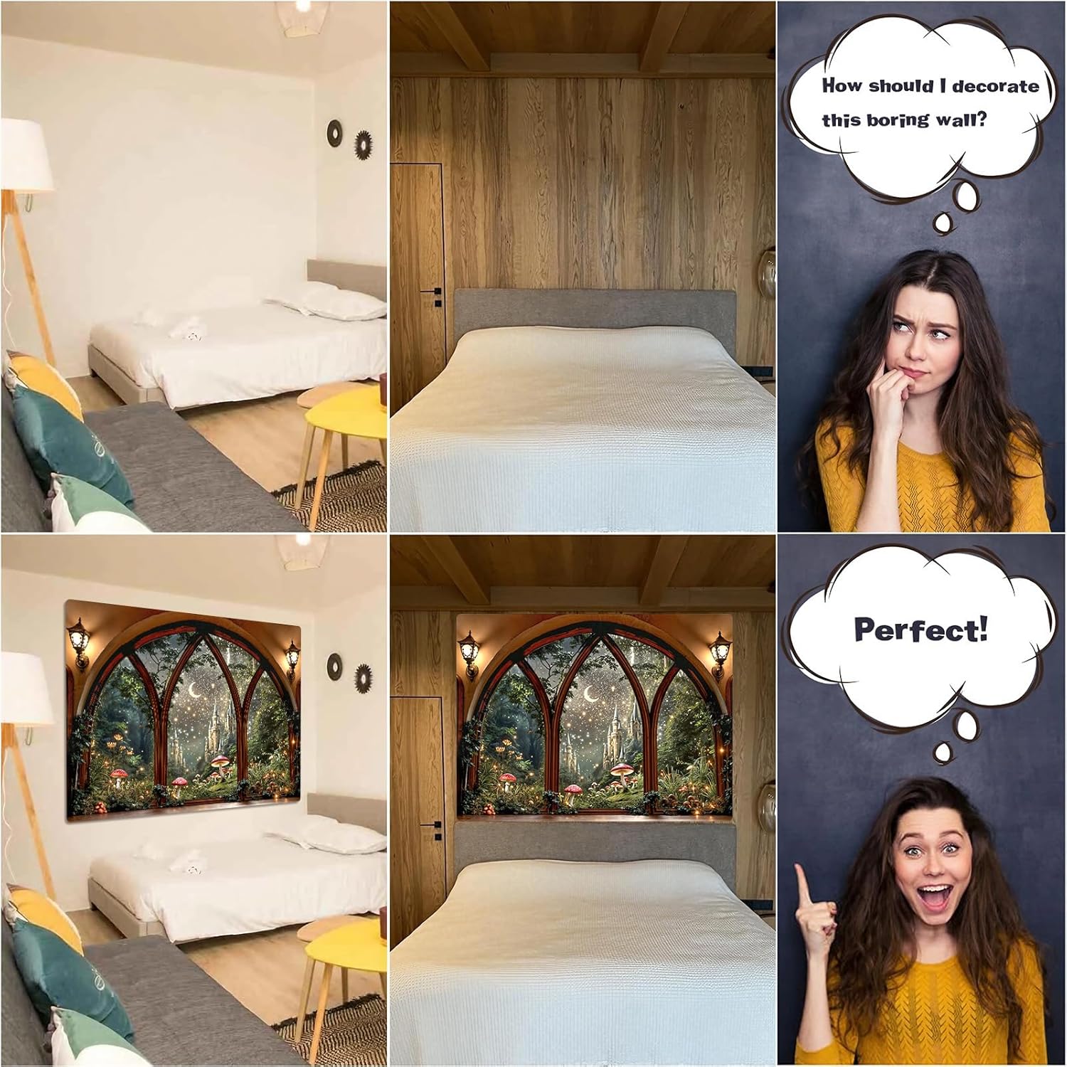 Lifeella Fantasy Castle Window Tapestry, Magic Woodland Scene Large Wall Backdrop, Fairytale Moon Mural for Bedroom Dorm Living Room Decor, 60x80 inches