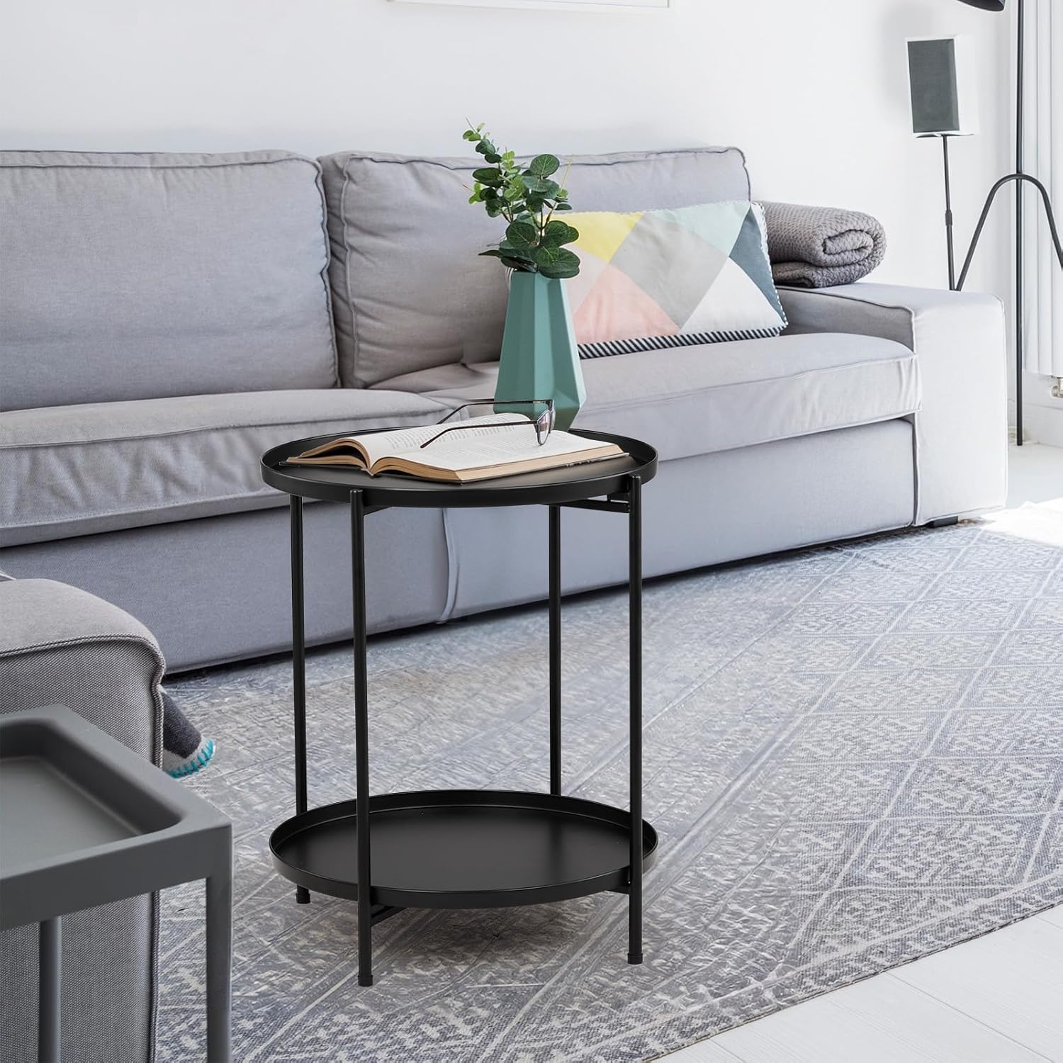 2 Tier End Table Metal Side Table Waterproof Small Sofa Coffee Side Tables Bedroom Indoor Outdoor for Living Room Bedroom Balcony and Office