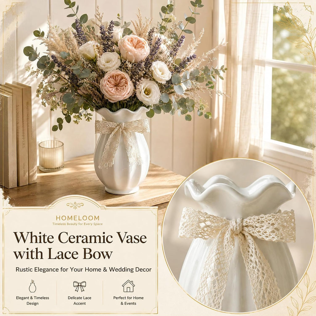 Ceramic Flower Vase with Bow Decor for Home Table Centerpieces White 7.5in | Farmhouse vase perfectly accents dining tables, living rooms, kitchens, bedrooms, bookshelves, coffee tables, and mantels.