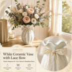 Ceramic Flower Vase with Bow Decor for Home Table Centerpieces White 7.5in | Farmhouse vase perfectly accents dining tables, living rooms, kitchens, bedrooms, bookshelves, coffee tables, and mantels.