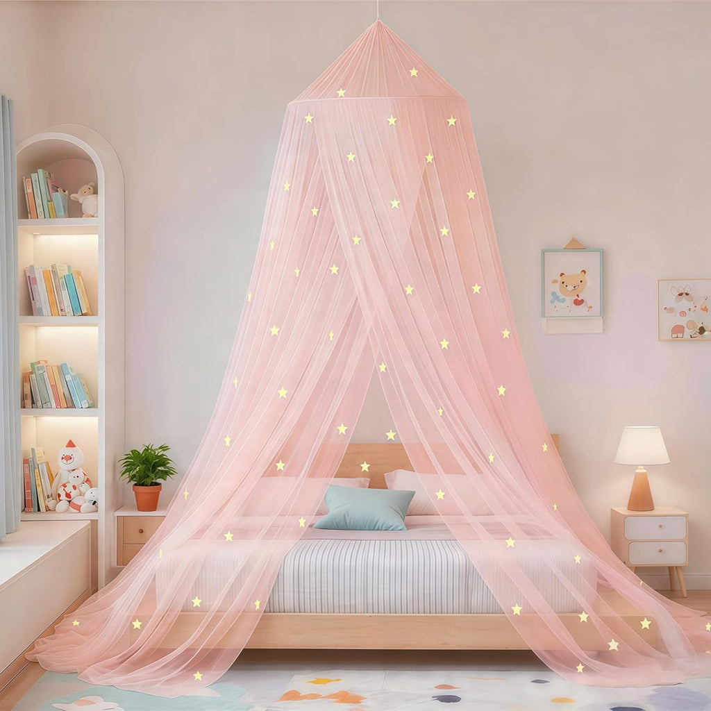 Bed Canopy for Girls Mosquito Net, Princess Bed Canopy for Girls Room Decor - Insect Protection Hanging Canopy for Indoor(Pink,Stars Glow in the Dark)