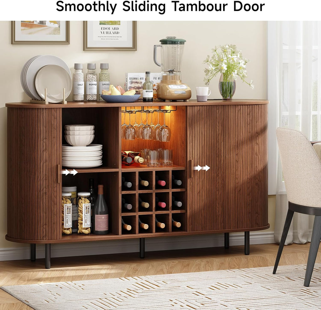 ONBRILL 63" Wine Bar Cabinet with LED Light,Modern Liquor Whiskey Coffee Station with Wine Rack and Glass Holder, Farmhouse Buffet Sideboard with Storage for Living Room, Kitchen, Entryway (Walnut)