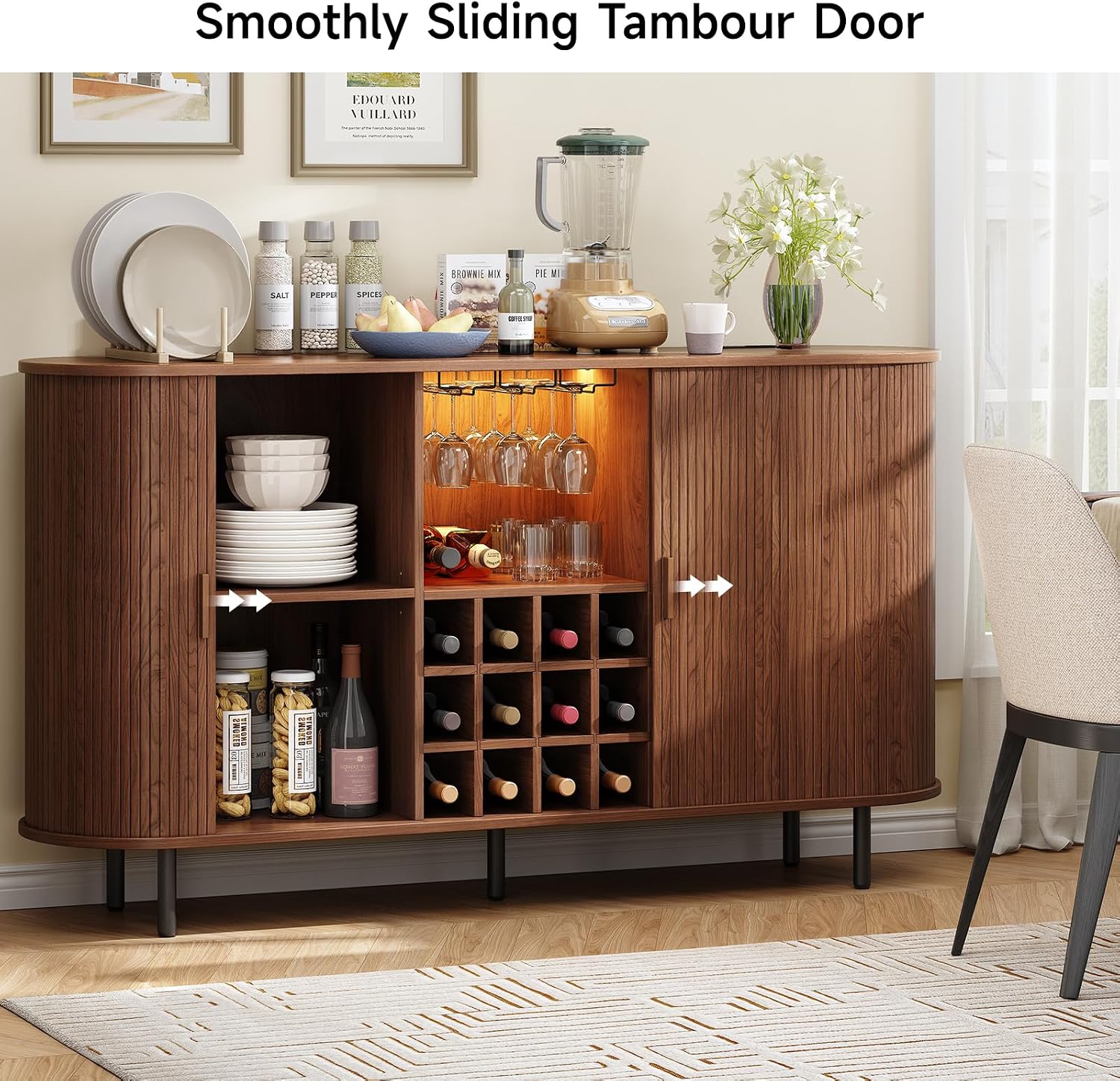 ONBRILL 63" Wine Bar Cabinet with LED Light,Modern Liquor Whiskey Coffee Station with Wine Rack and Glass Holder, Farmhouse Buffet Sideboard with Storage for Living Room, Kitchen, Entryway (Walnut)