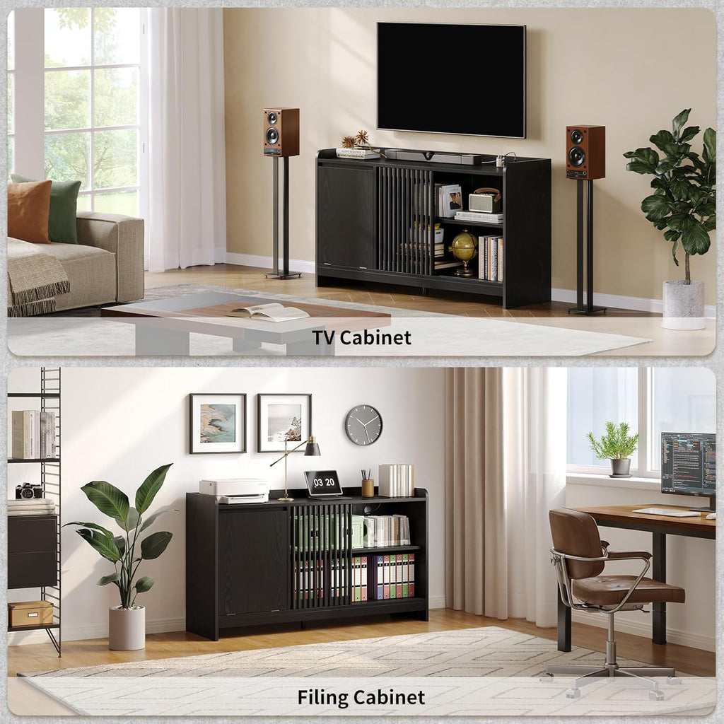 48" Record Player Stand with Flip-out Storage Cabinet, Holds 350+ Albums-Vinyl Record Table with Sliding Door & Adjustable Shelf, Modern Turntable Stand with Charging Station for Living Room Bedroom