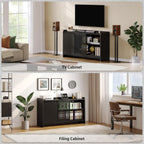 48" Record Player Stand with Flip-out Storage Cabinet, Holds 350+ Albums-Vinyl Record Table with Sliding Door & Adjustable Shelf, Modern Turntable Stand with Charging Station for Living Room Bedroom