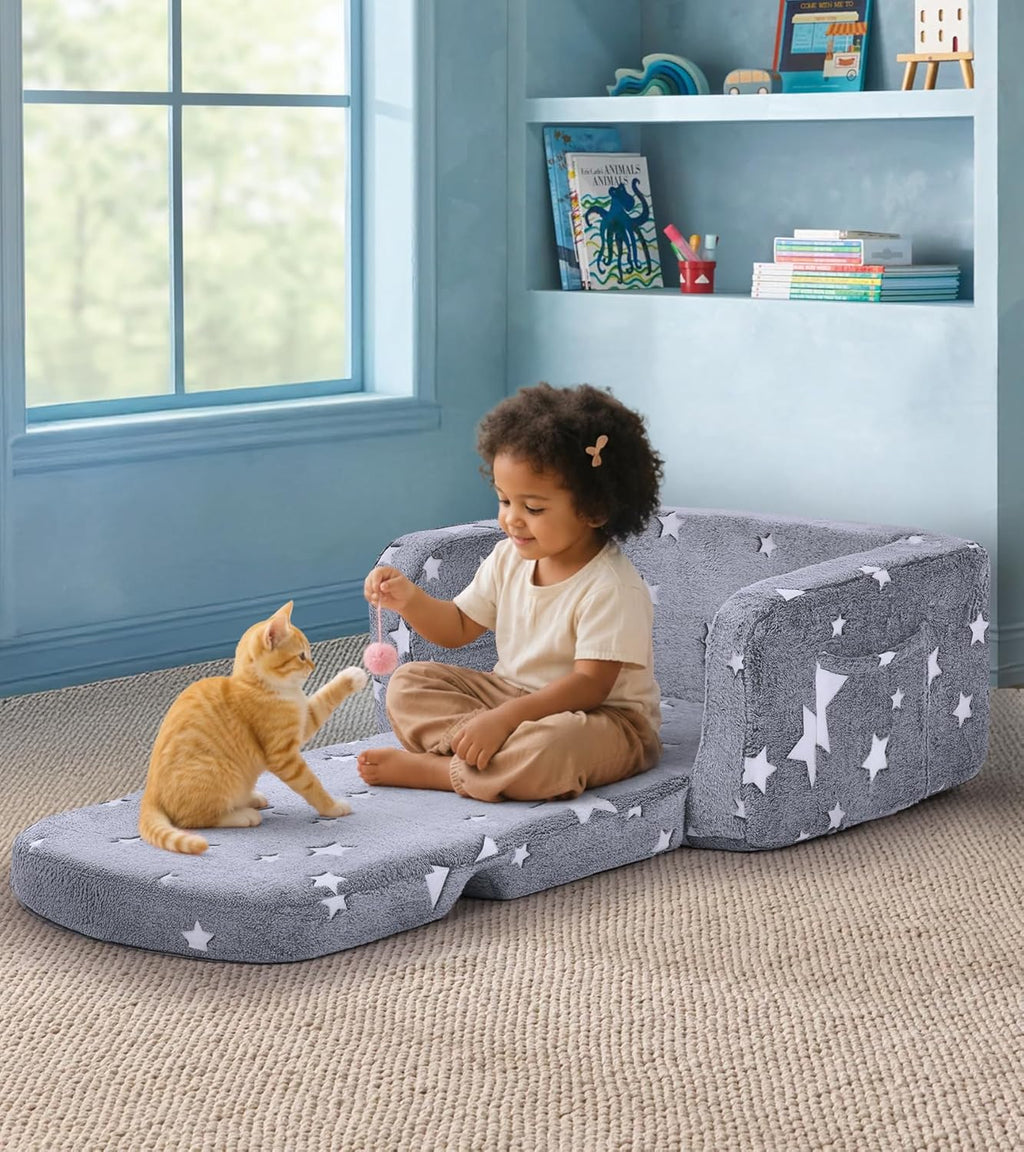 Kids Couch, 2-in-1 Soft Toddler Couch Fold Out with with Blanket and Cloud Pillow, Glow in The Dark, Toddler Chair Comfy, Convertible Sofa, Gifts for Kids Girl Boys, Medium Grey Star
