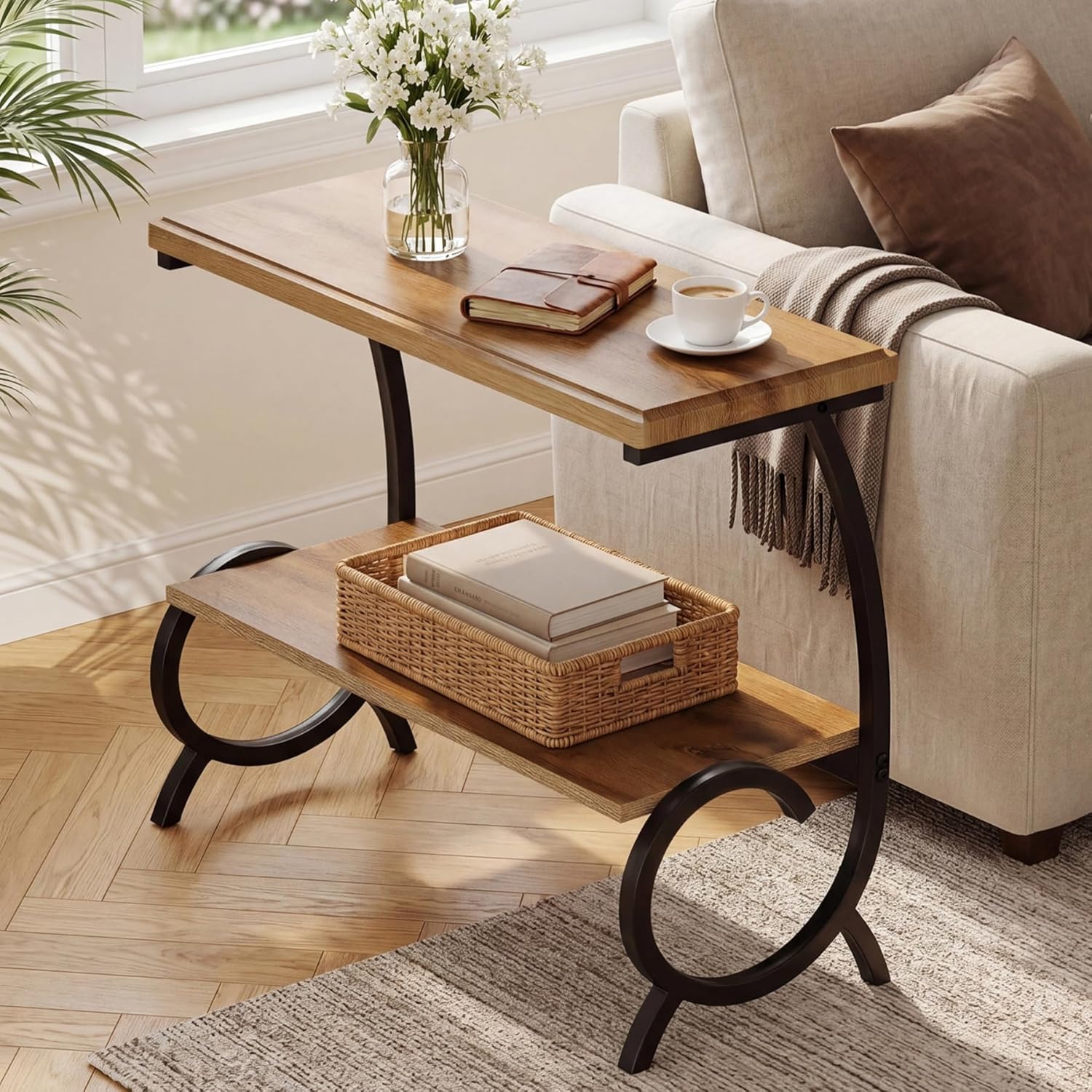 Tribesigns 2-Tier End Table, Narrow Couch Side Table with J-Shaped Metal Legs, Farmhouse Side Table for Couch, Wooden Bedside Nightstand for Living Room, Bedroom, Brown & Black