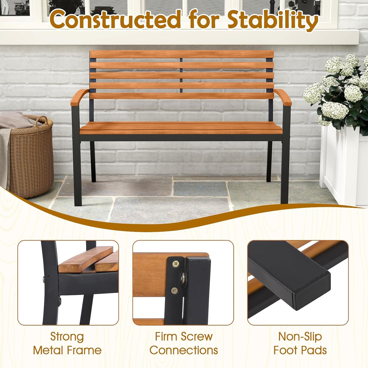 Giantex Outdoor Bench, Acacia Wood Patio Loveseat with Slatted Backrest & Seat, Armrests, Heavy Duty Metal Frame, 800 lbs Capacity, 2-Person Garden Bench for Lawn, Porch, Yard and Park