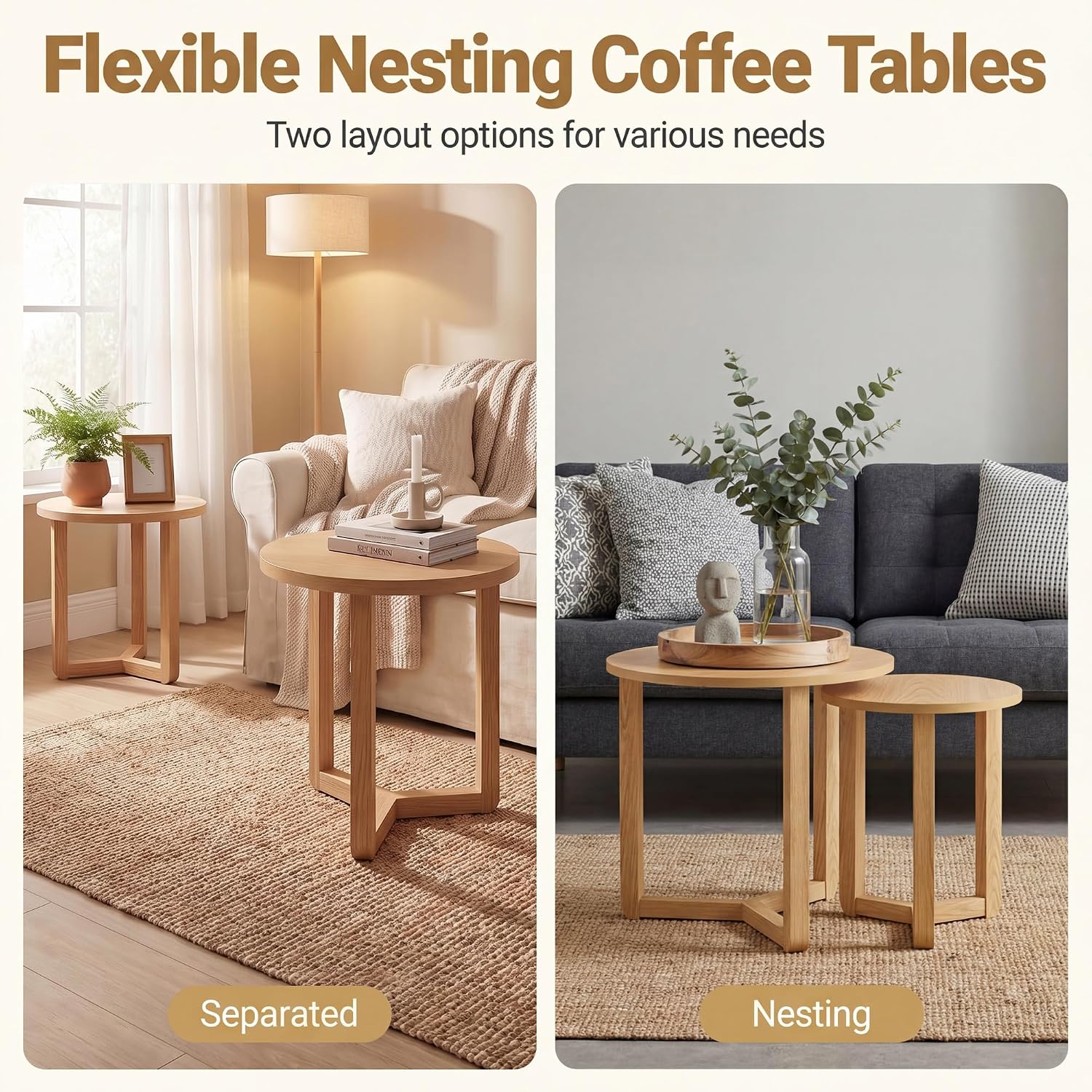Tangkula Round Nesting Coffee Table Set of 2, Farmhouse End Tables with Solid Rubber Wood Tripod Legs, Compact Sofa Side Tables for Living Room Bedroom Small Spaces (Natural)