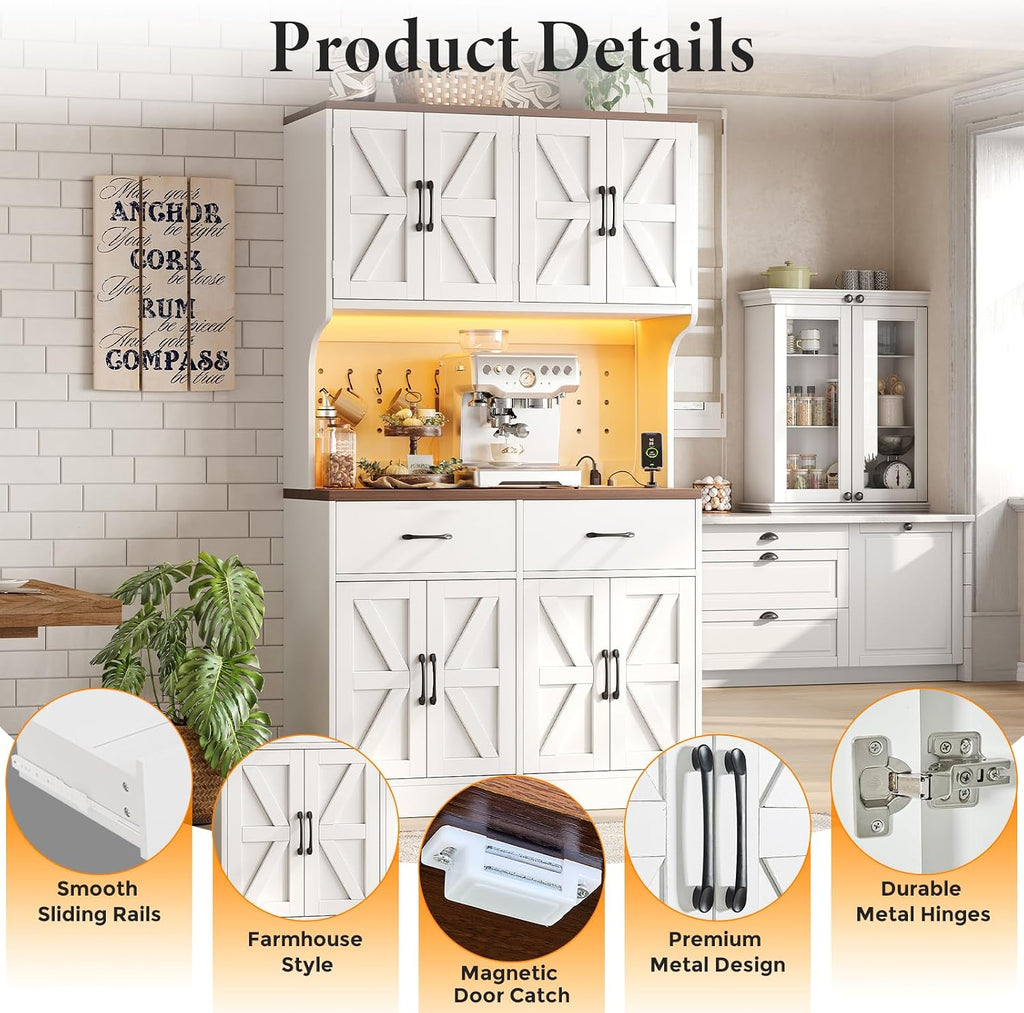 VK·LIVING 71" Kitchen Pantry Cabinet, Farmhouse Storage Cabinet with LED Lights & Charging Station, Coffee Bar Cabinet with Adjustable Shelves, 2 Drawers, Pegboard & Hooks, White