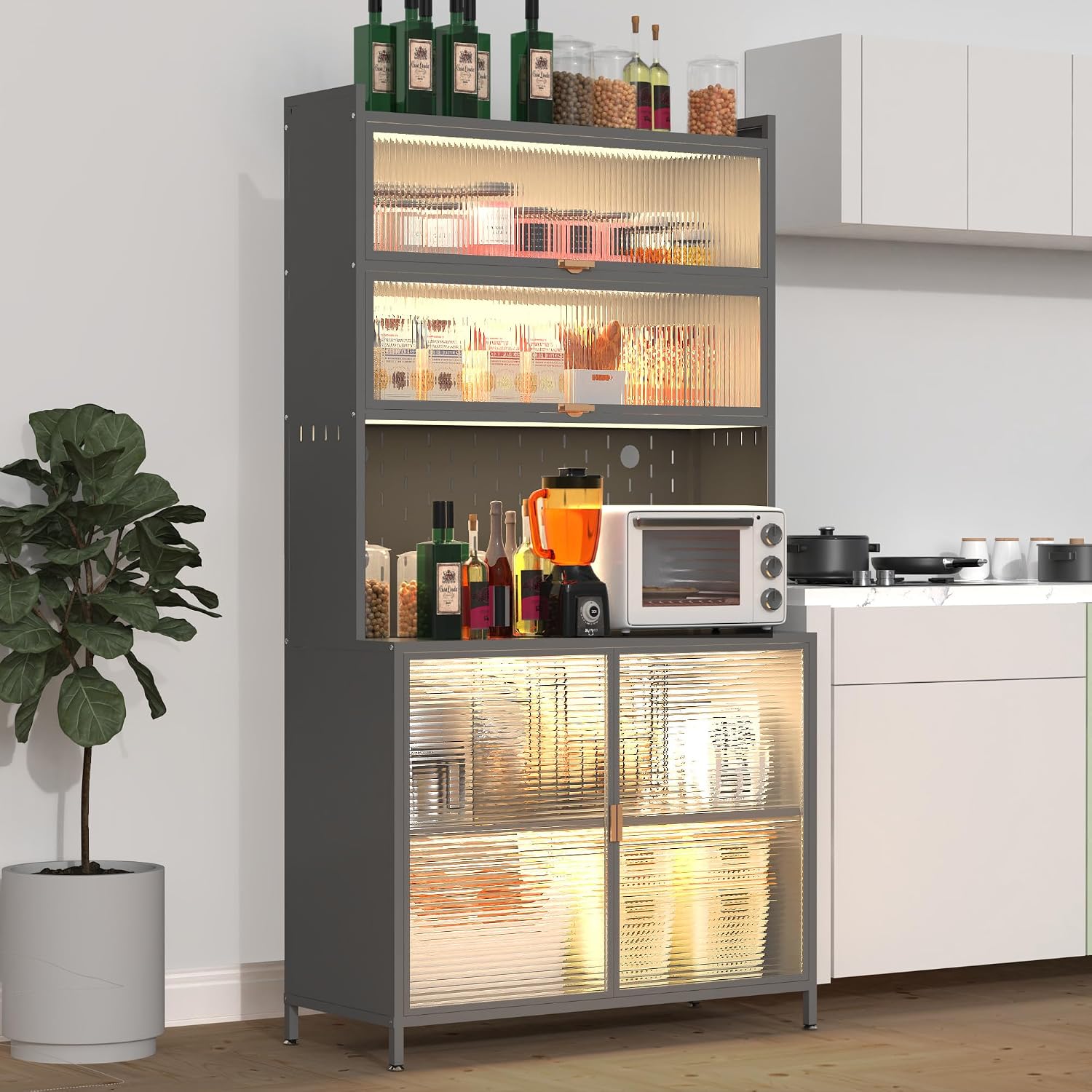 Anveffeg 73" Tall Kitchen Pantry Cabinet, 6 Tiers Flip Door with Pegboard Spacious, Adjustable Metal Pantry Storage Cabinet, Anti-Tip Design Hutch for Kitchen, Dining Room, Living Room Grey