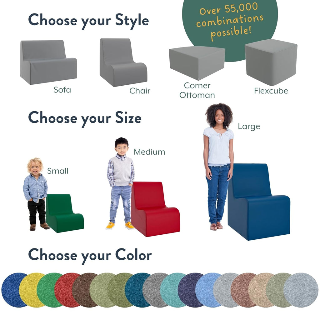 Children's Factory Large Contour Chair, Mix-and-Match Kids Chairs, Sofas, Corner Ottomans and Cubes, Foam-Filled and Water-Resistant, Flexible Seating for Classroom Elementary, Gray Chair