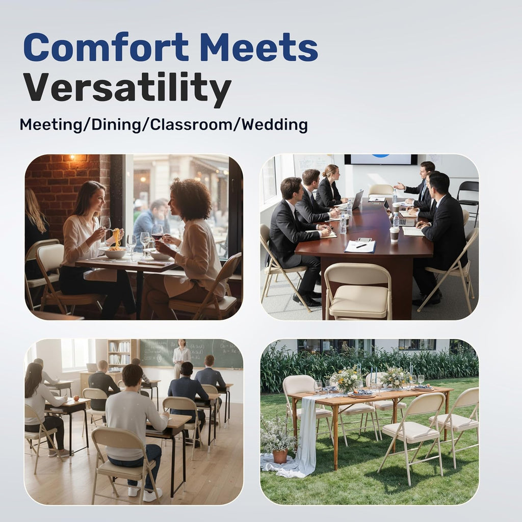 Simple Deluxe Dining Chairs Set of 2, Leather Cushion Foldable Contemporary Kitchen Side Chair with Padded Back & Sturdy Metal Legs, Upholstered Seat for Home/Living Room/Bedroom/Cafe, Tan
