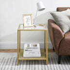 18 Inch Square Tempered Glass Gold End Table with 2-Tier Storage Shelf, Modern Gold Metal Frame Sofa Side Table Clear Glass Accent Table for Living Room Bedroom Small Spaces