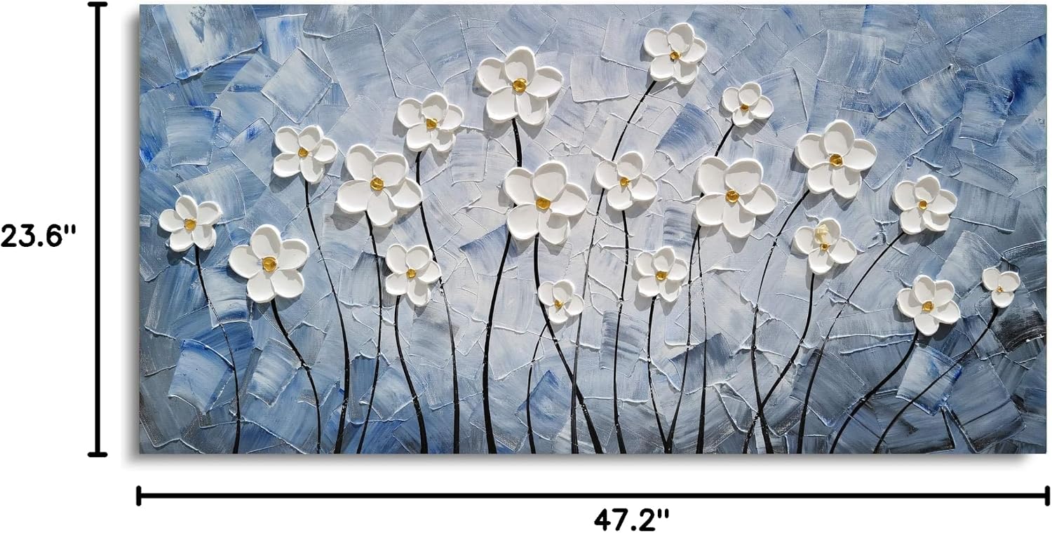 YHSKY ARTS Floral Canvas Wall Art Hand Painted Blue and White Heavy Textured Painting Modern Abstract Flower Pictures Contemporary Artwork for Living Room Bedroom Office Decoration
