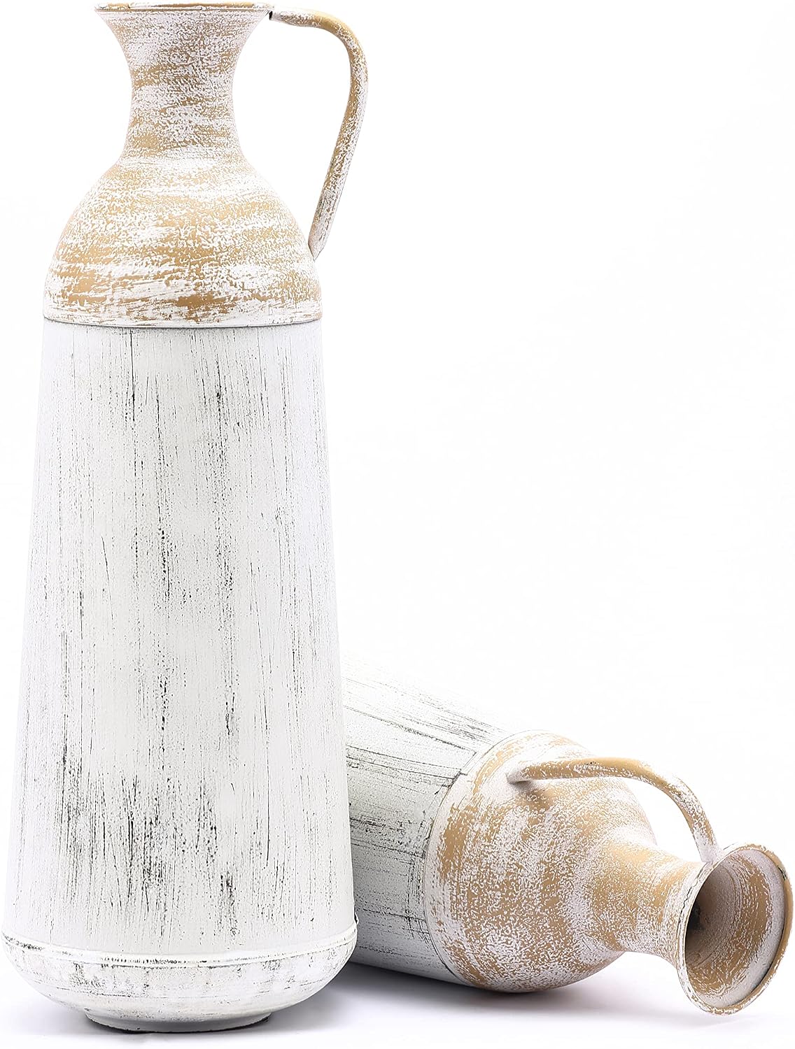 LuxenHöme Tall Floor Vase,Set of 2,Distressed Off White and Brown Rustic Metal Vases,Farmhouse Home Decor Accessories for Living Room,Fireplace and Entryway Decorative
