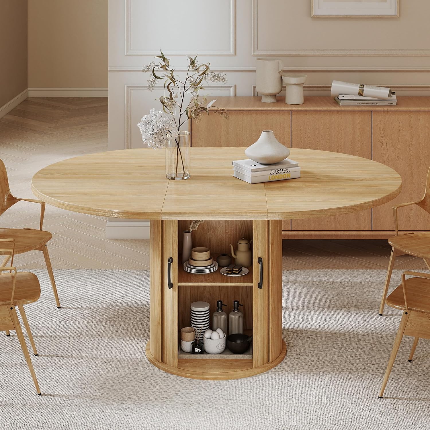 47.2"–63" Extendable Dining Room Table for 4-8, Round-to-Oval Expandable Dining Table with Dust-Proof 2-Tier Shelf, Space-Saving Wood Kitchen Table for Living Room, Oak