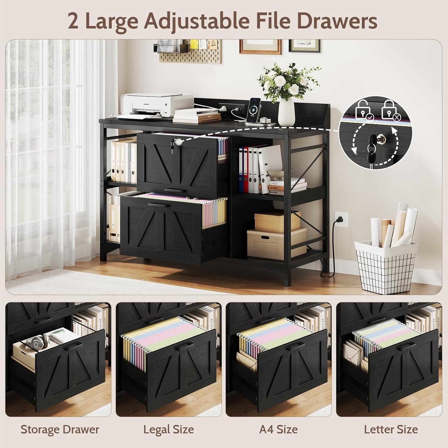 44" File Cabinet, Lateral Filing Cabinet for Home Office with 2 Drawers, Office Storage Cabinet with Lock and Key, Wooden Printer Stand with 4 Storage Shelves and Power Outlet, Office Furniture, Black
