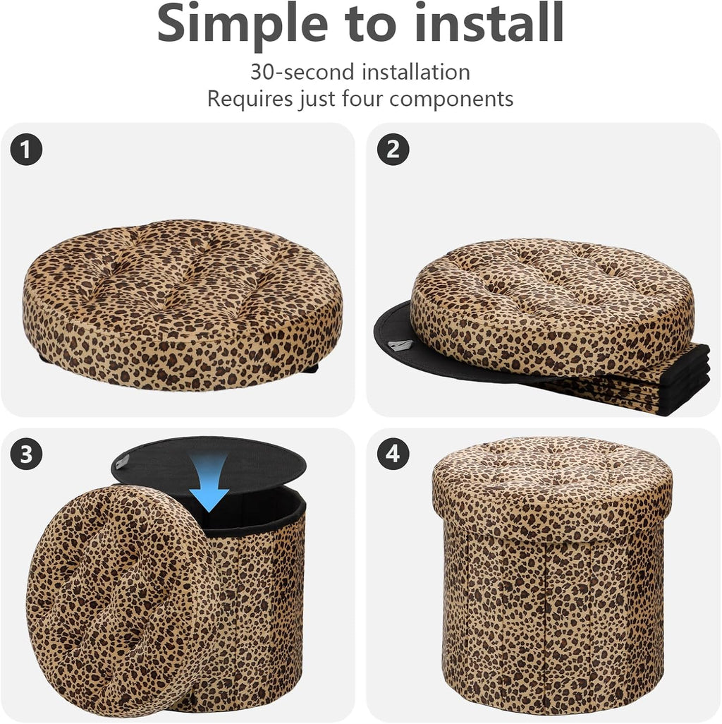 AmasSmile Storage Ottoman Folding Foot Rest Stool, 14x14x13 inch Small Velvet Footstool Bench, Short Ottoman Bench, Storage Foot Rest Store, Blanket Chest, Leopard Print