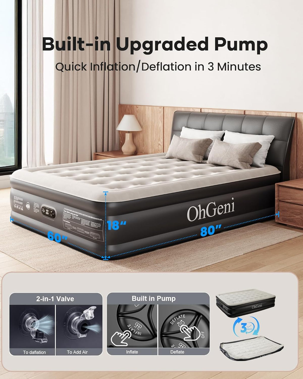OhGeni Air Mattress Queen with Built in Pump, 18" Raised Inflatable Blow Up Mattress, Upgraded Surface Portable Bed for Home, Camping, Colchone Inflable, Ideal Sleep Solution for Guests