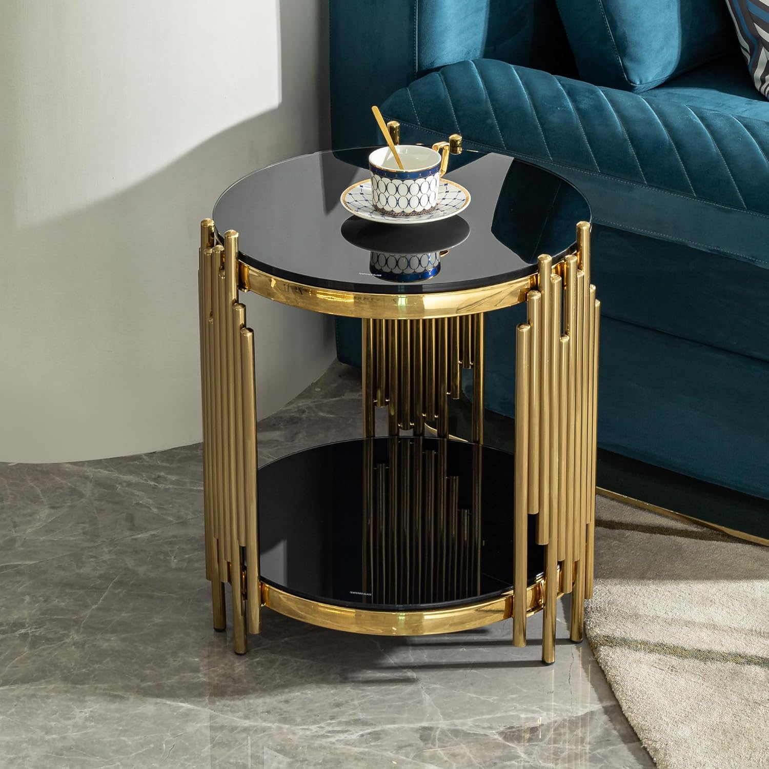 17.72'' Tempered Glass Side Table for Living Room, 2-Tier Modern Circle End Table, Glass Tabletop & Stainless Steel Frame, Easy Assembly, Black & Gold