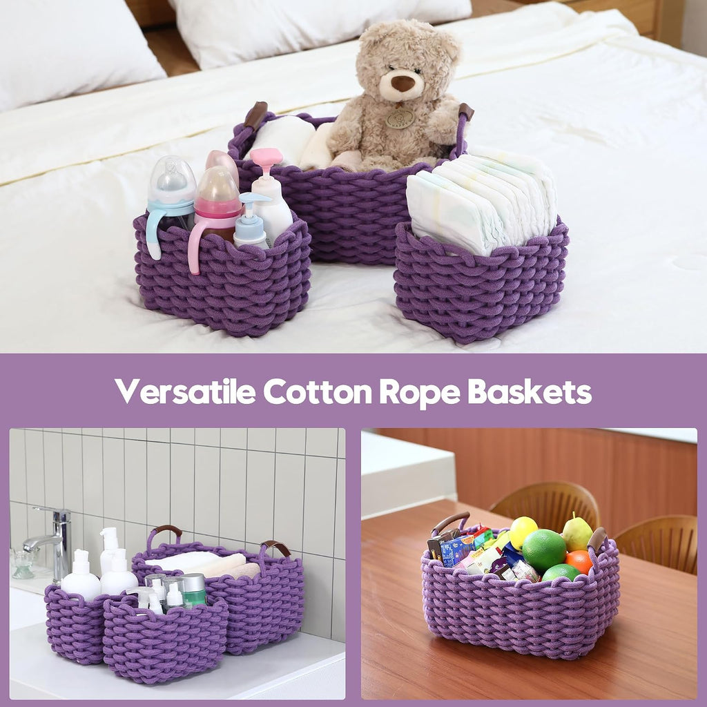 Sea Team 3-Pack Rectangle Woven Cotton Rope Storage Baskets with Handles, Shelf Basket, Closet Organizers, 3-in-1, Purple