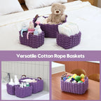 Sea Team 3-Pack Rectangle Woven Cotton Rope Storage Baskets with Handles, Shelf Basket, Closet Organizers, 3-in-1, Purple