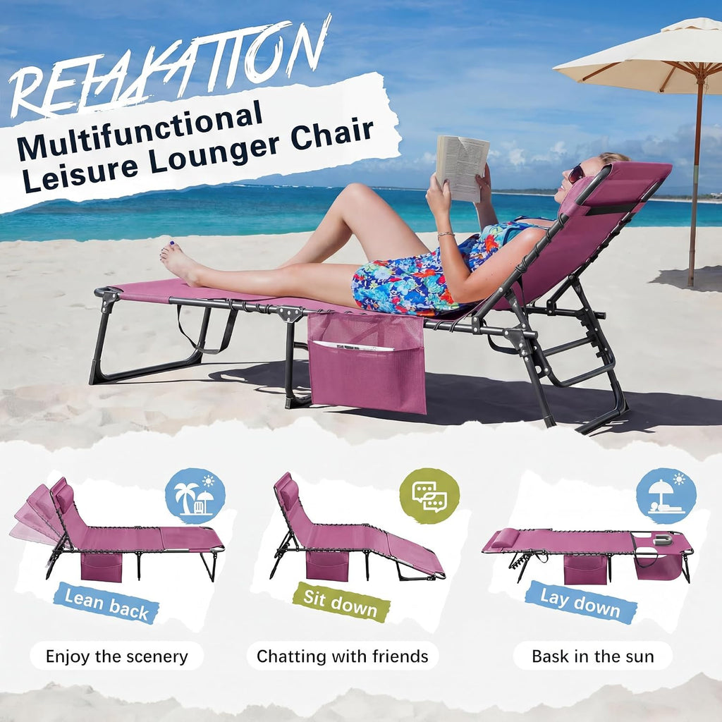 Devoko Beach Lounge Chair, Outdoor Sun Tanning Chair with Face Hole, Heavy Duty Folding Portable Lay Chaise Lounge Chairs for Outside Beach Pool Camping Patio, Pink