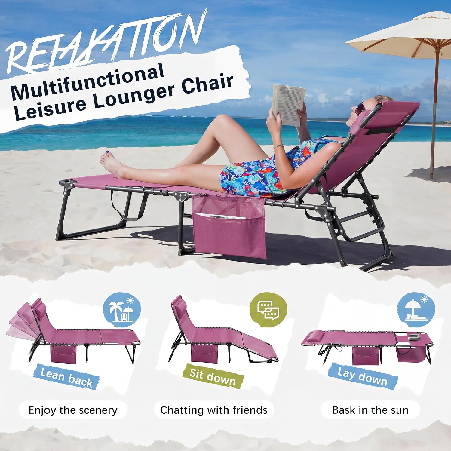 Devoko Beach Lounge Chair, Outdoor Sun Tanning Chair with Face Hole, Heavy Duty Folding Portable Lay Chaise Lounge Chairs for Outside Beach Pool Camping Patio, Pink