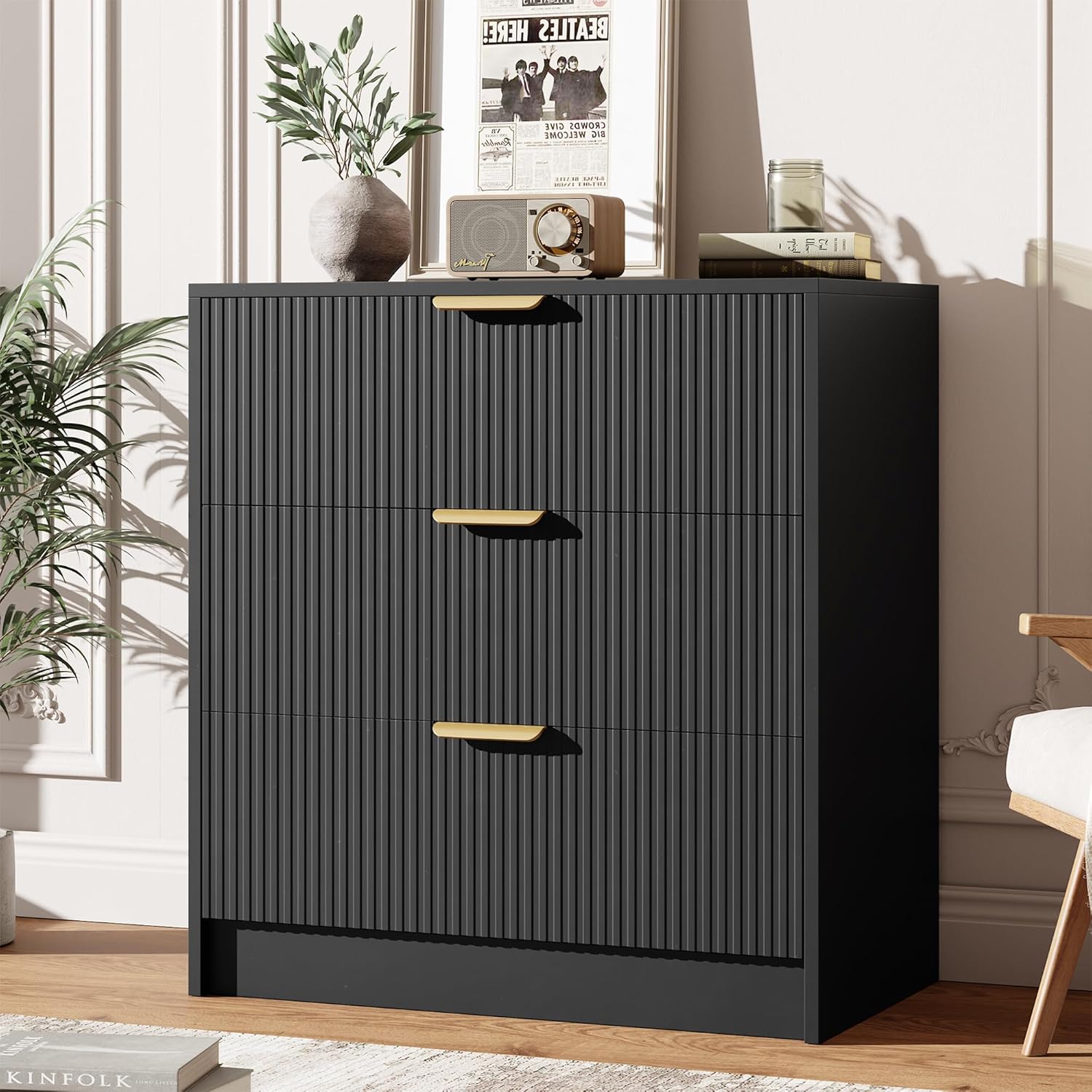 Garvee 3 Drawer Dresser for Bedroom - 30" Tall Nightstand Vertical Modern Fluted Chest of Drawers with Golden Metal Handles, Multi-Function Home Organizer for Living Room, Entryway, Hallway, Black