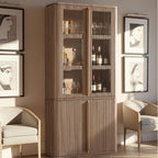 77" Tall Storage Cabinet - Fluted Pantry Cabinets with Glass Doors, Wooden Kitchen Food Cupboard, Adjustable Shelves, Modern Display Storage Closet for Living Room, Dining Room, Office, Oak 1pc