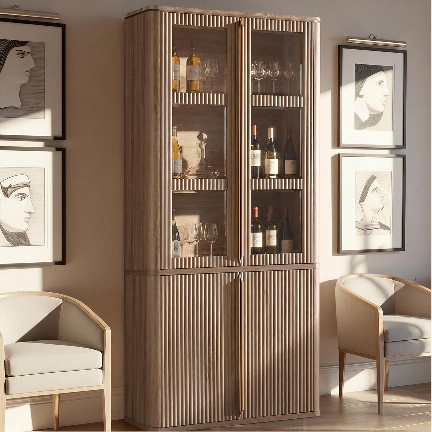 77" Tall Storage Cabinet - Fluted Pantry Cabinets with Glass Doors, Wooden Kitchen Food Cupboard, Adjustable Shelves, Modern Display Storage Closet for Living Room, Dining Room, Office, Oak 1pc