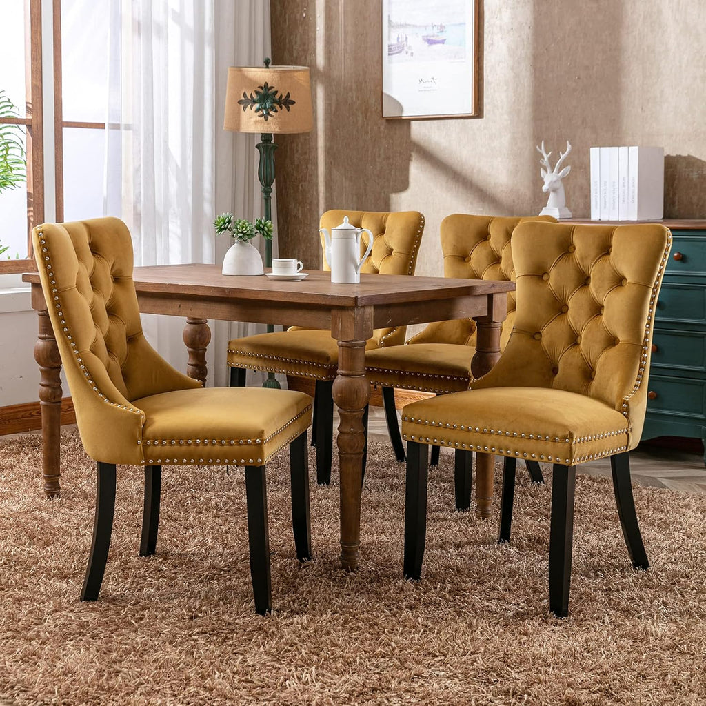 Modern Dining Chairs Set of 4, Tufted Upholstered Dining Chair with Solid Wood Legs, Yellow Velvet Accent Chair, Sillas de Comedor, 4 Dining Chairs (Gold, Velvet, 4Pcs)