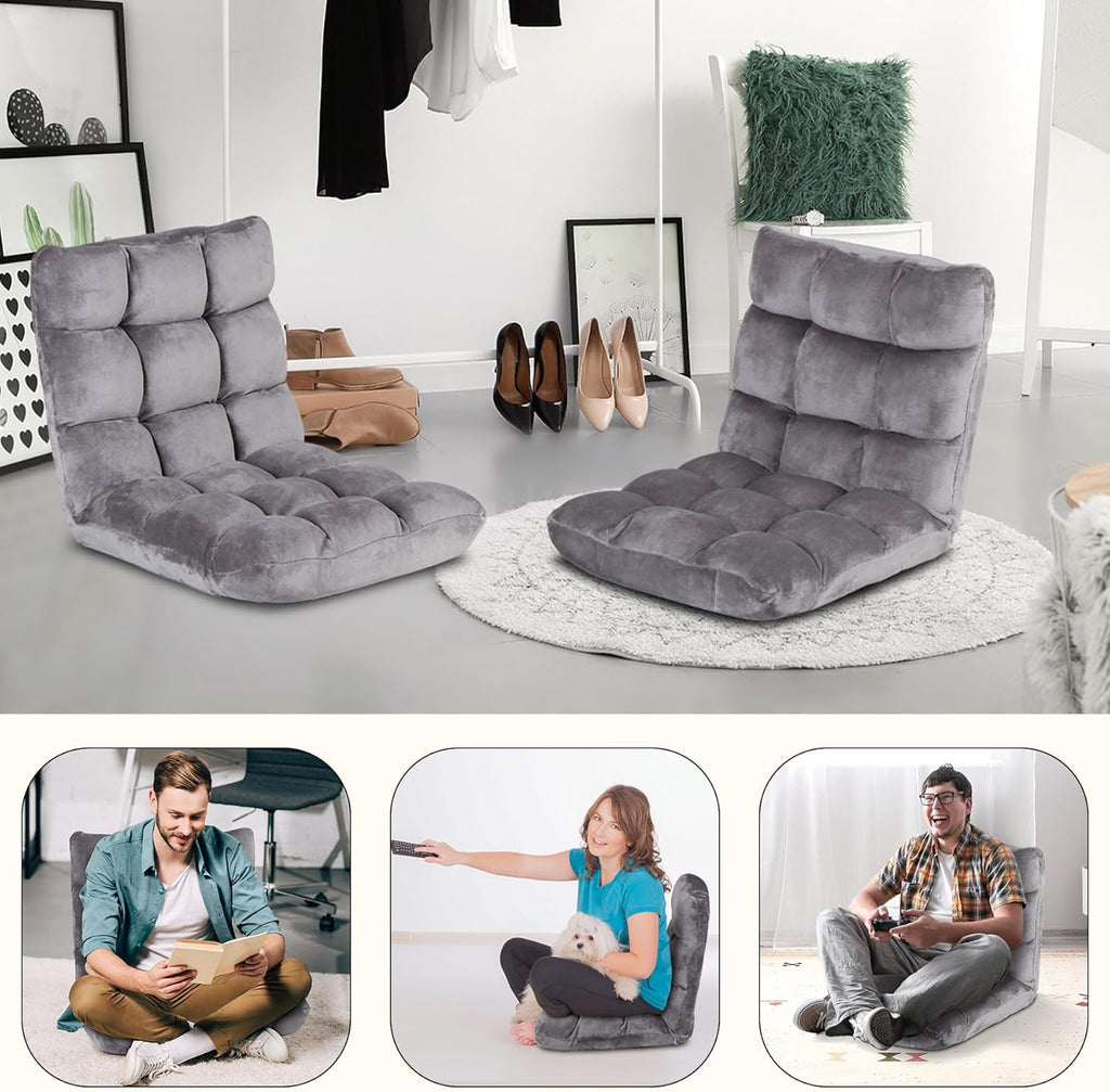 Nouva Adjustable Floor Chair 14-Position Sofa Bed Foldable Cushion Video Gaming Chairs Bean Bag Chair Reading Seating for Adults Kids Teens for Bedroom Living Room Indoor Use,Grey