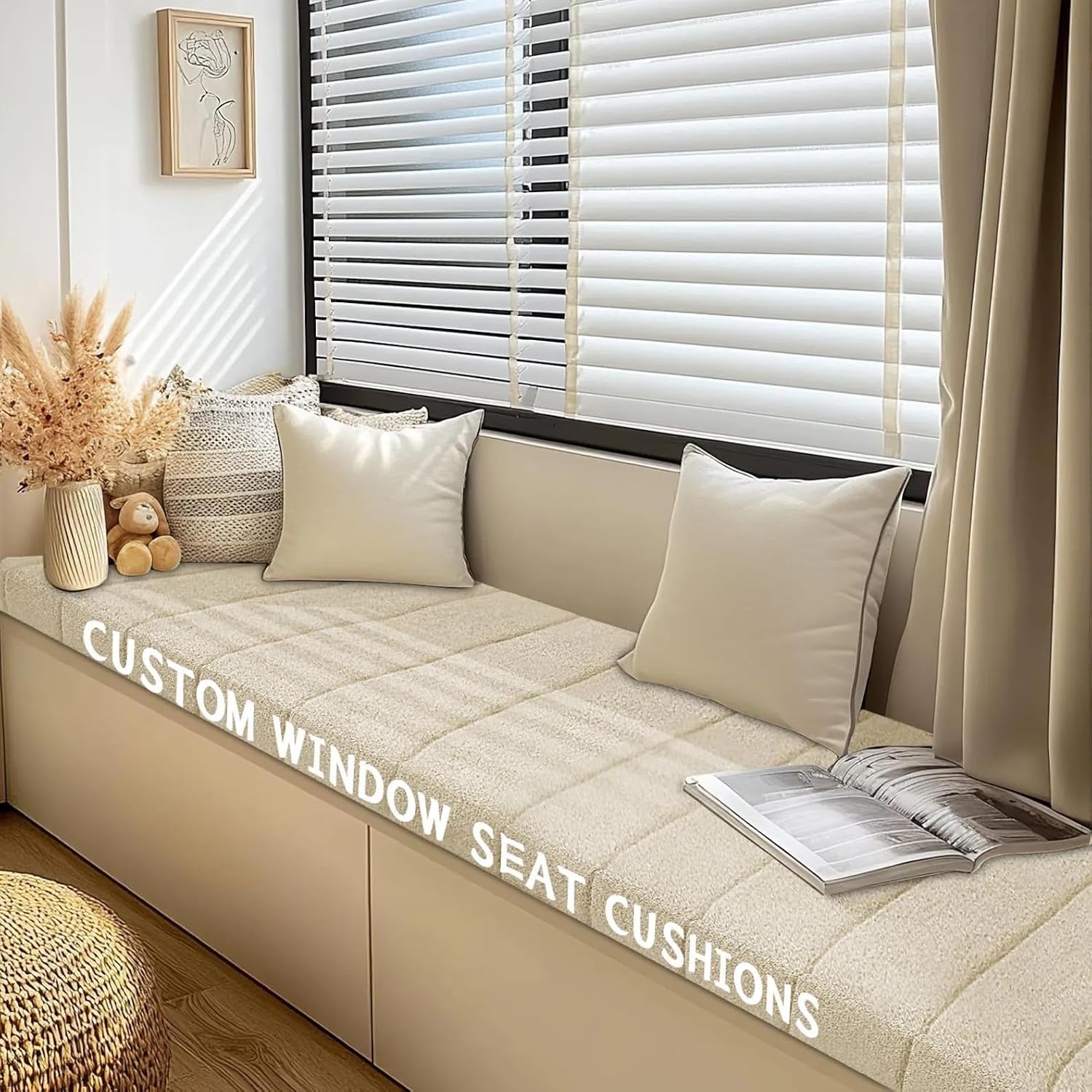 Custom Window Seat Cushions Indoor Waterproof Anti-Cat Scratch Circle Fleece Bay Window Cushion Comfortable Thickened Foam Customized Bench Seating Cushion for Indoor Furniture with Non-Slip Bottom