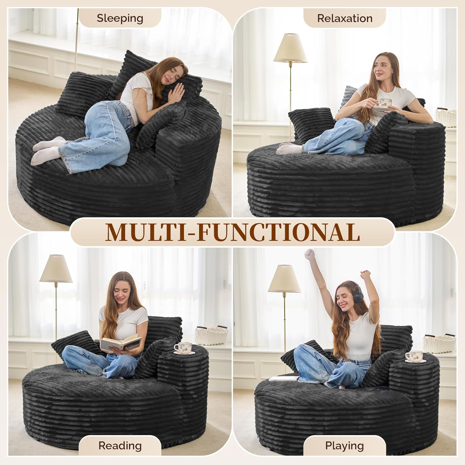 Luxanimarion 55''W 3.5CM Corduroy Single Foam Sofa, Oversized Round Chair with Pillows, Modern Sleeper for Living Rooms, Lounges, Nurseries and Projection Rooms, Wide-Arm Lounge Chair Armchair, Black