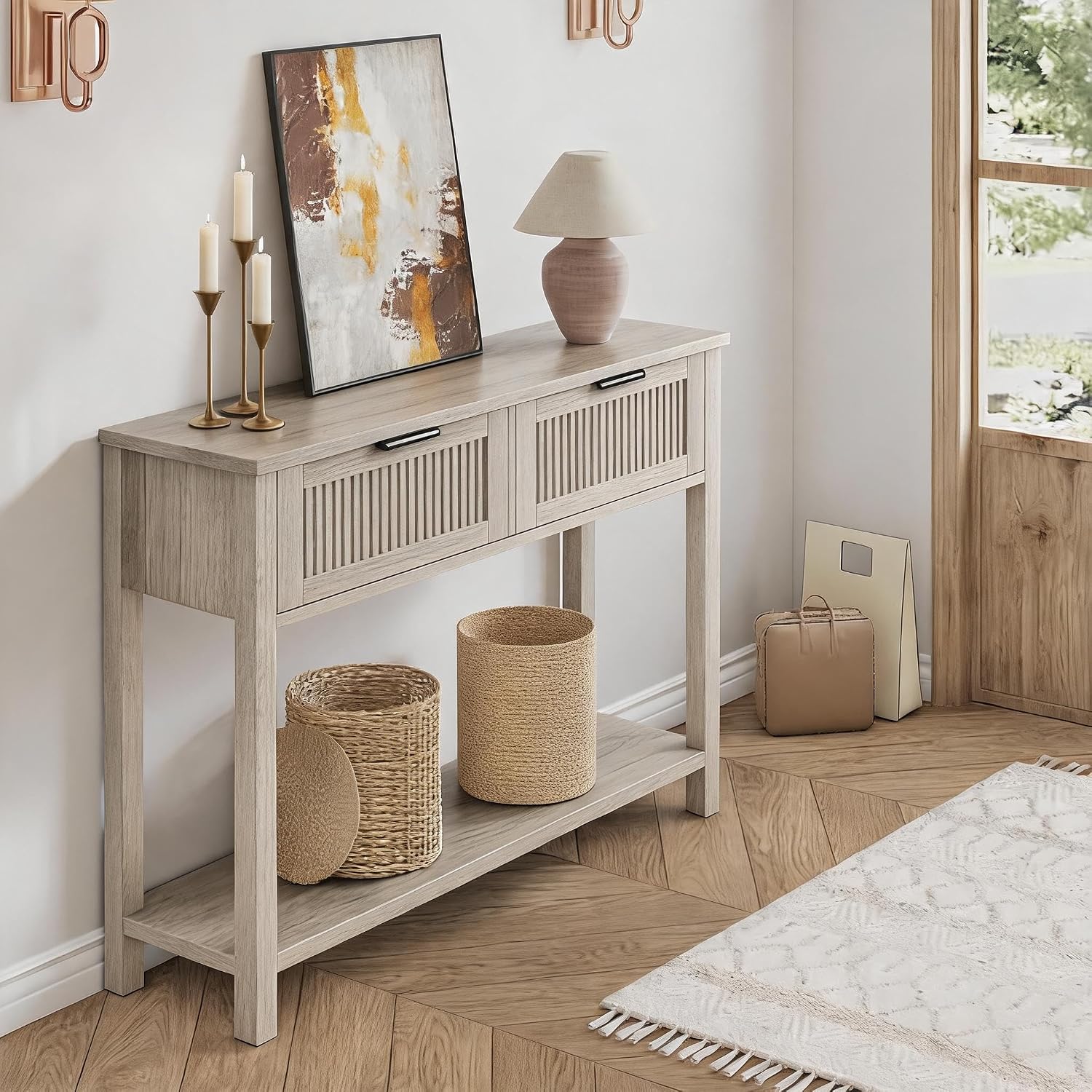 GAOMON Entryway Table with 2 Drawers, Farmhouse 43 Inch Wood Fluted Console Table with Shelf, 2 Tier Sofa Table with Storage for Living Room, Foyer Tables for Entryway - Grey