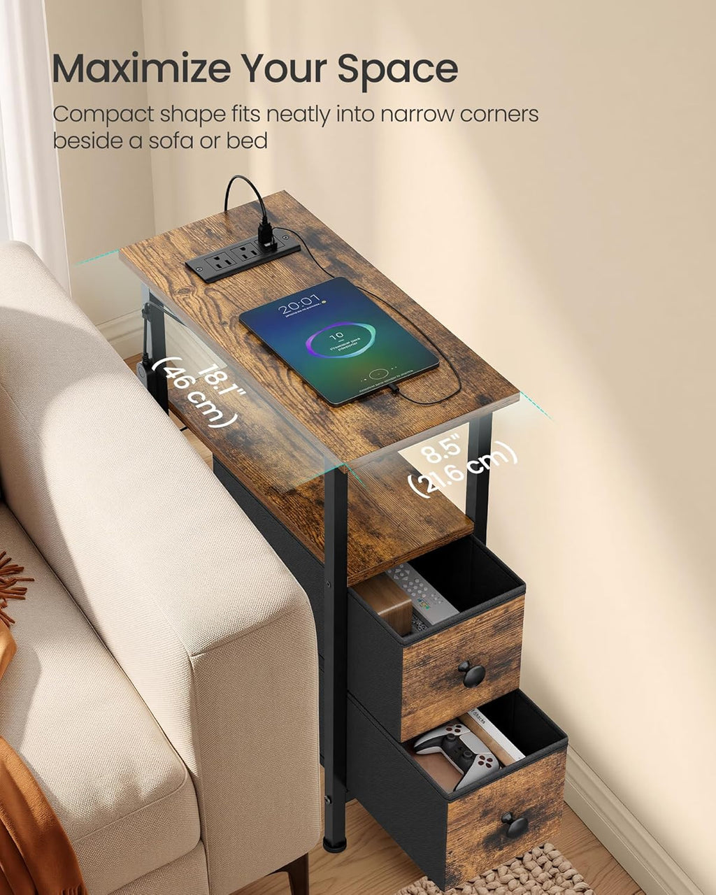 SONGMICS Side Table, Nightstand with Charging Station, End Table with LED Lighting, 2 Drawers, for Living Room, Bedroom, Set of 2, Rustic Brown, BELLAH Collection ULGS012K101