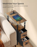 SONGMICS Side Table, Nightstand with Charging Station, End Table with LED Lighting, 2 Drawers, for Living Room, Bedroom, Set of 2, Rustic Brown, BELLAH Collection ULGS012K101