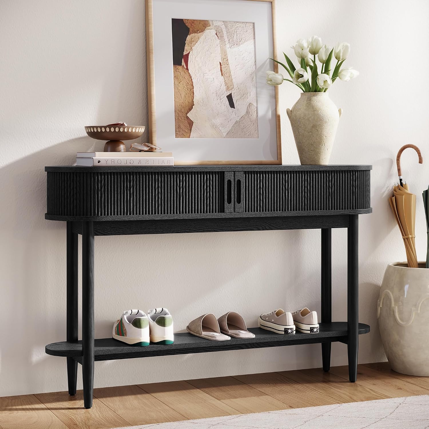 LINSY Fluted Console Table with Storage and Shelves, Black | Entryway Table, Wood Entrance, Behind Couch Sofa Table, Foyer Tables for Hallways, Living Room Boho Furniture, Narrow Long