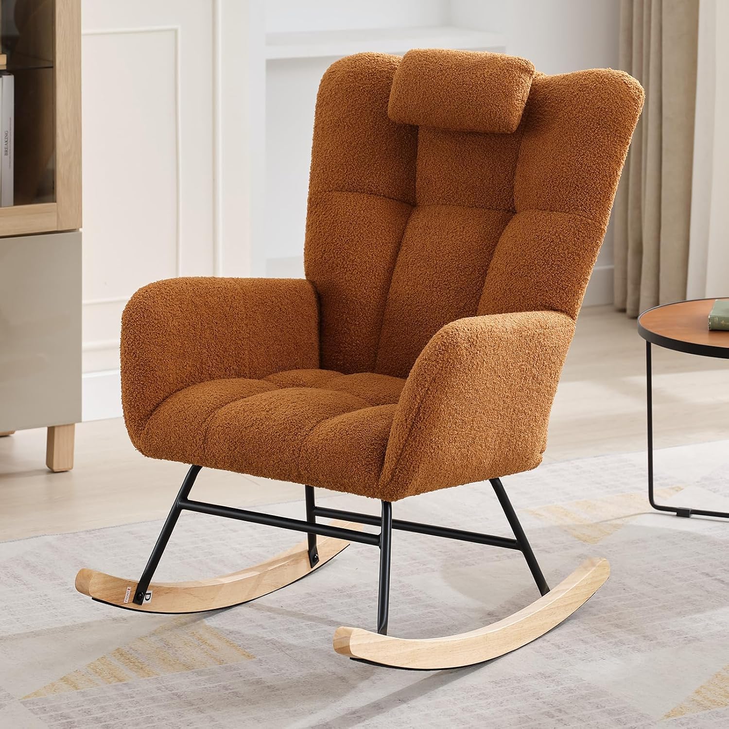 Rocking Chair, Indoor Comfort Sliding Chair with High Back, Side Pockets for Living Room, Bedroom, Nursery and Comfortable Reading Environment.