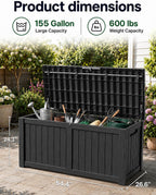 155 Gallon Waterproof Outdoor Storage Box, Large Lockable Deck Box, Indoor Outdoor Resin Storage Bench with Hydraulic Rod for Patio Furniture/Cushions/Garden Tools/Backyard/Pool Accessories, Black